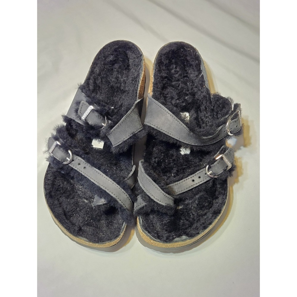 Birkenstock Mayari Shearling Sandals Womens Size 7-7.5 EU 38 Black Leather Pics!